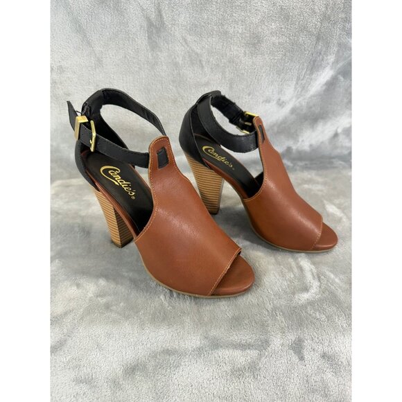 Candies Shoes Women's 6 Brown and black Peep Toe 4" Chunky Heels w/ ankle strap - Picture 1 of 16